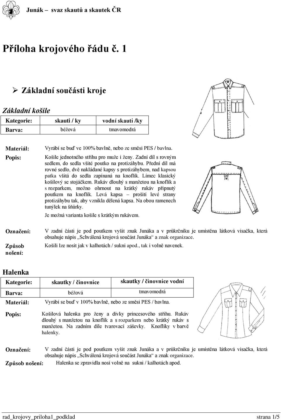 Košile jednotného střihu pro muţe i ţeny. Zadní díl s rovným sedlem, do sedla všité poutko na protizáhybu.