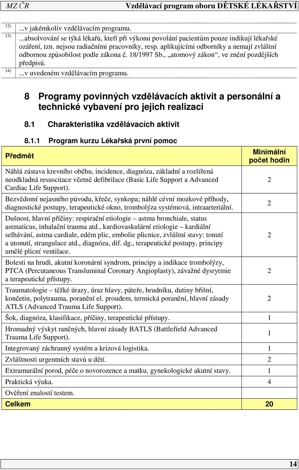 Předmět 8 Programy povinných vzdělávacích aktivit a personální a technické vybavení pro jejich realizaci 8. Charakteristika vzdělávacích aktivit 8.