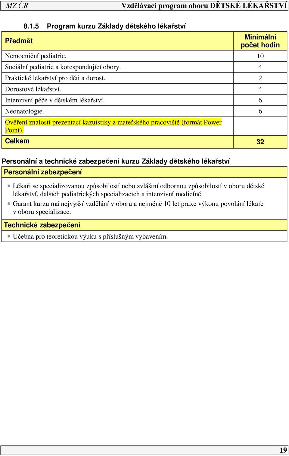 Celkem 32 Personální a technické zabezpečení kurzu Základy dětského lékařství Personální zabezpečení Lékaři se specializovanou způsobilostí nebo zvláštní odbornou způsobilostí v oboru dětské