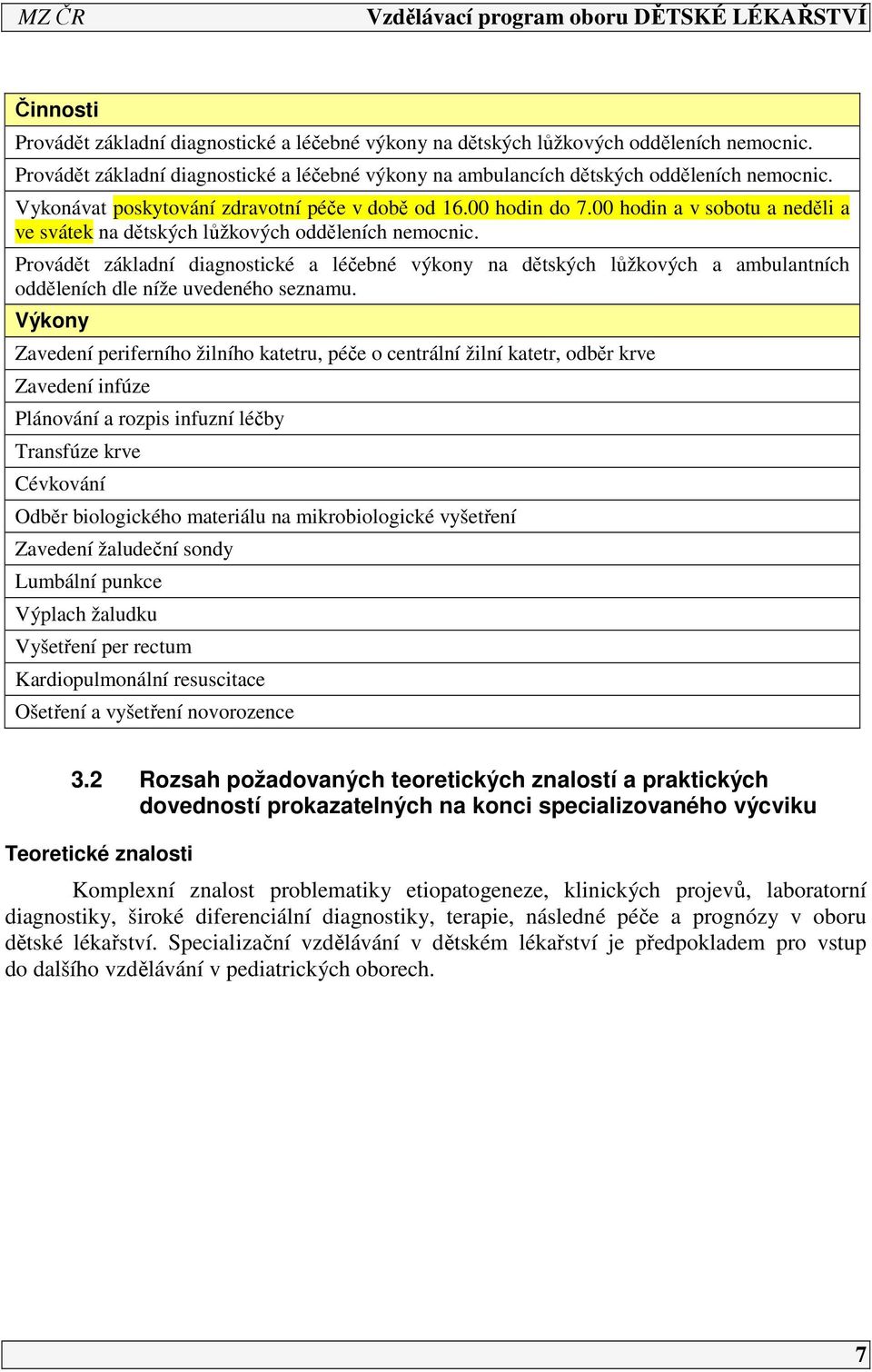 Provádět základní diagnostické a léčebné výkony na dětských lůžkových a ambulantních odděleních dle níže uvedeného seznamu.