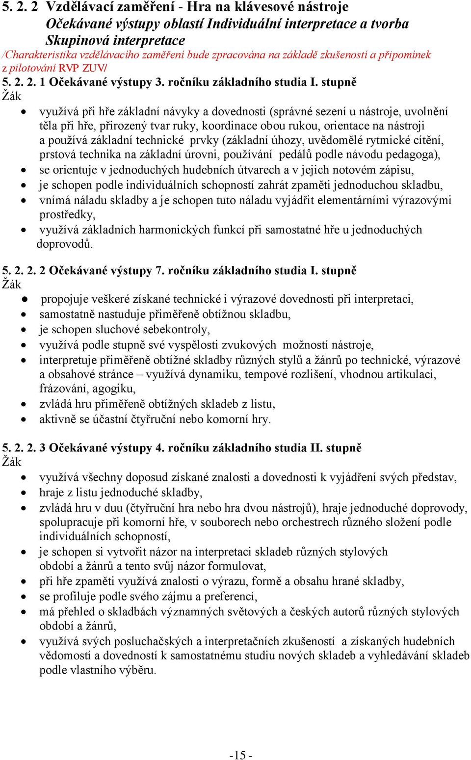 stupně využívá při hře základní návyky a dovednosti (správné sezení u nástroje, uvolnění těla při hře, přirozený tvar ruky, koordinace obou rukou, orientace na nástroji a používá základní technické
