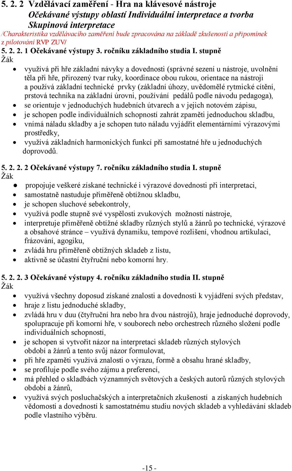 stupně využívá při hře základní návyky a dovednosti (správné sezení u nástroje, uvolnění těla při hře, přirozený tvar ruky, koordinace obou rukou, orientace na nástroji a používá základní technické