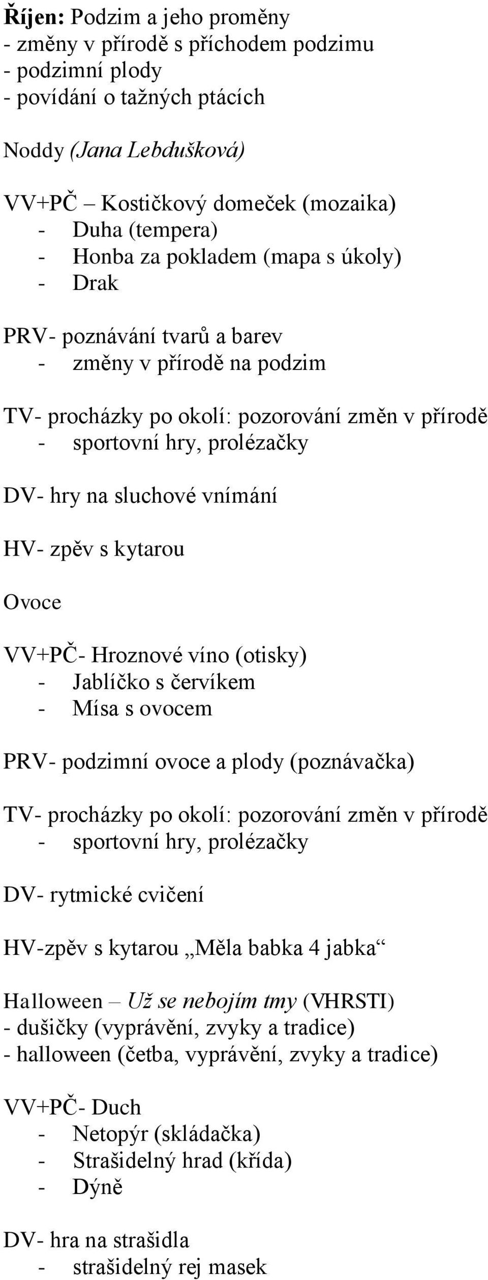 zpěv s kytarou Ovoce VV+PČ- Hroznové víno (otisky) - Jablíčko s červíkem - Mísa s ovocem PRV- podzimní ovoce a plody (poznávačka) TV- procházky po okolí: pozorování změn v přírodě - sportovní hry,