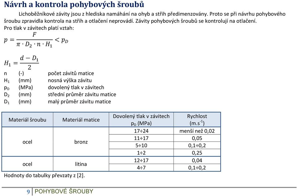 Pro tlak v závitech platí vztah: = < = 2 n (-) počet závitů matice H 1 (mm) nosná výška závitu p D (MPa) dovolený tlak v závitech D 2 (mm) střední průměr závitu matice D 1