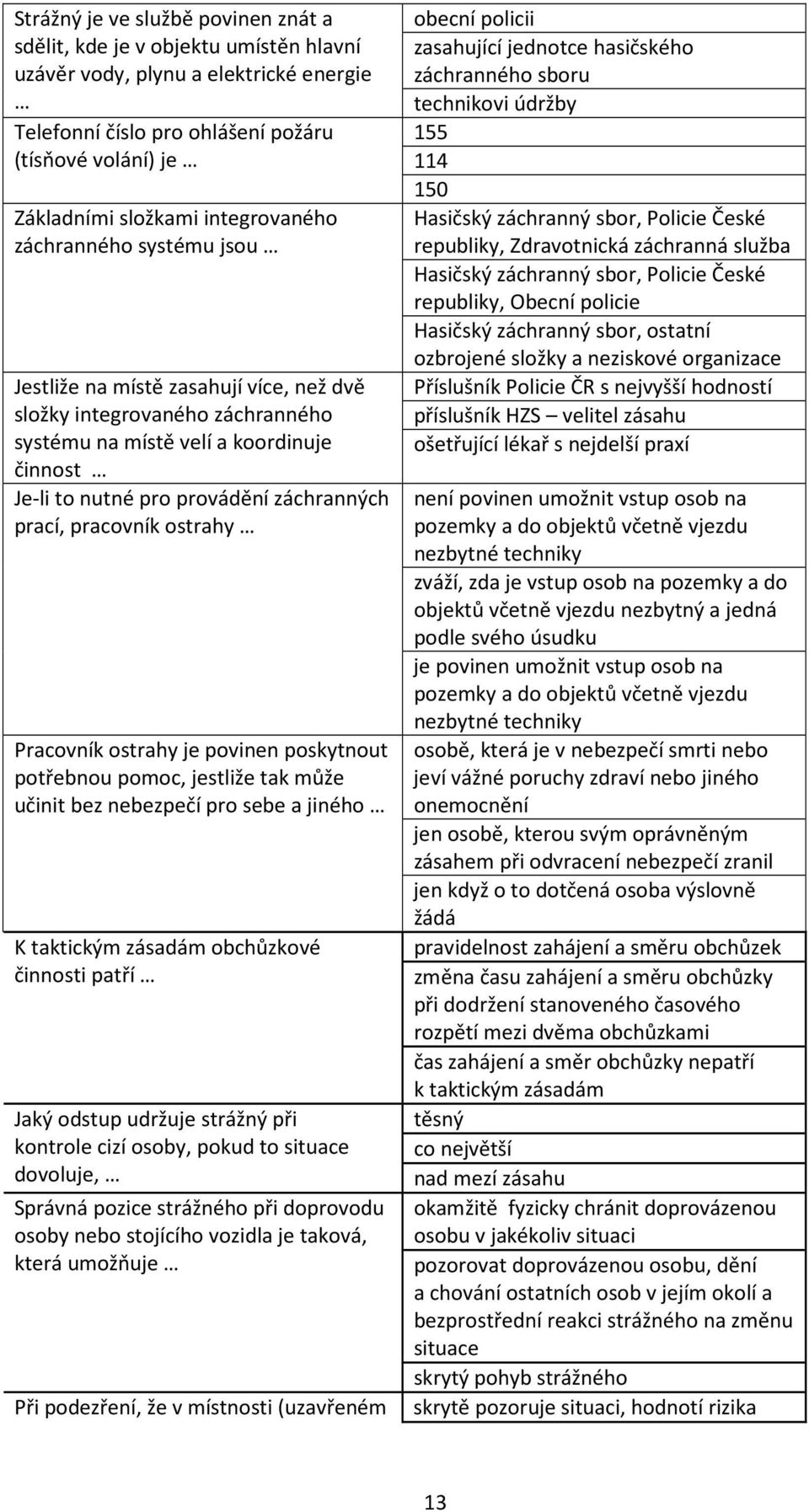 prací, pracovník ostrahy Pracovník ostrahy je povinen poskytnout potřebnou pomoc, jestliže tak může učinit bez nebezpečí pro sebe a jiného K taktickým zásadám obchůzkové činnosti patří Jaký odstup