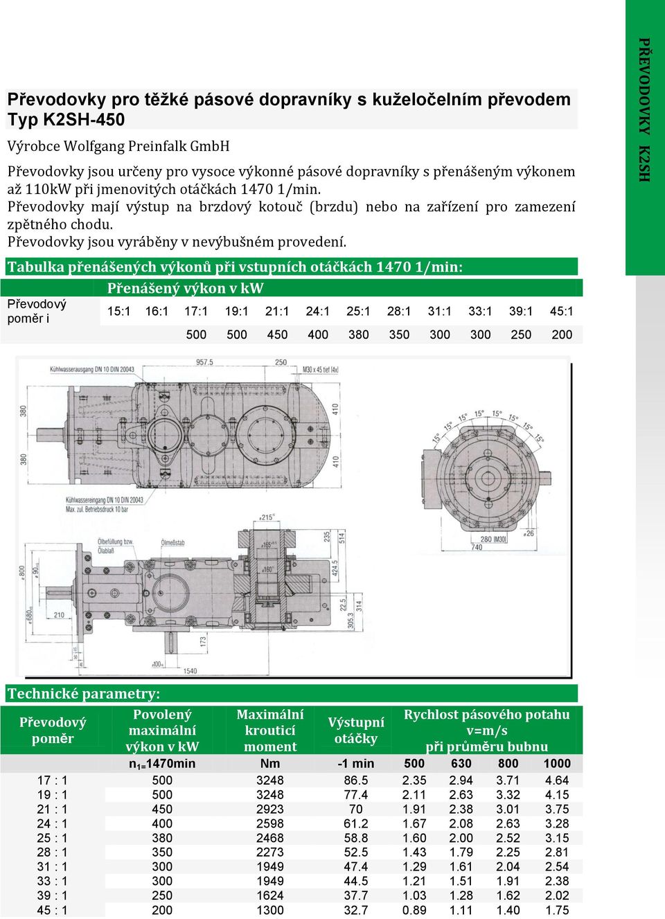Tabulka přenášených výkonů při vstupních otáčkách 1470 1/min: Přenášený výkon v kw Převodový poměr i 15:1 16:1 17:1 19:1 21:1 24:1 25:1 28:1 31:1 33:1 39:1 45:1 500 500 450 400 380 350 300 300 250