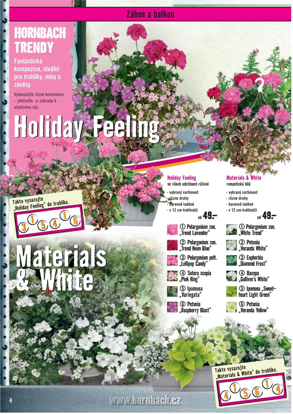 1 1 3 5 4 6 Materials & White Holiday Feeling ve všech odstínech růžové - vybraný sortiment - různe druhy - barevně laděné - v 1 cm květináči od 49. 1 Pelargonium zon. Trend Lavender Pelargonium zon.