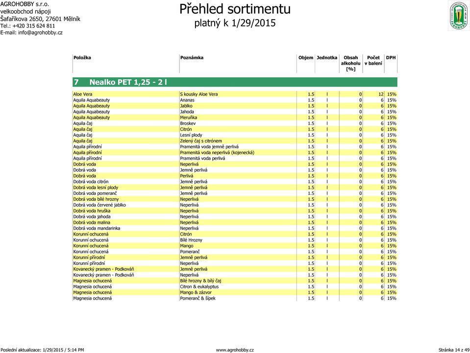 5 l 0 6 15% Aquila přírodní Pramenitá voda jemně perlivá 1.5 l 0 6 15% Aquila přírodní Pramenitá voda neperlivá (kojenecká) 1.5 l 0 6 15% Aquila přírodní Pramenitá voda perlivá 1.