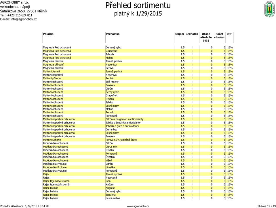 5 l 0 6 15% Mattoni neperlivá Neperlivá 1.5 l 0 6 15% Mattoni přírodní Perlivá 1.5 l 0 6 15% Mattoni ochucená Bílé hrozny 1.5 l 0 6 15% Mattoni ochucená Broskev 1.