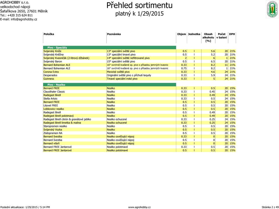 5 l 6.5 20 21% Bernard Bohemian ALE 16 svrchně kvašené sp. pivo s přísadou jemných kvasnic 0.33 l 8.2 11 21% Bernard Bohemian ALE 16 svrchně kvašené sp. pivo s přísadou jemných kvasnic 0.75 l 8.