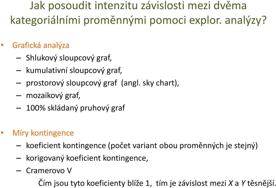 sky chart), mozaikový graf, 100% skládaný pruhový graf Míry kontingence koeficient kontingence (počet variant