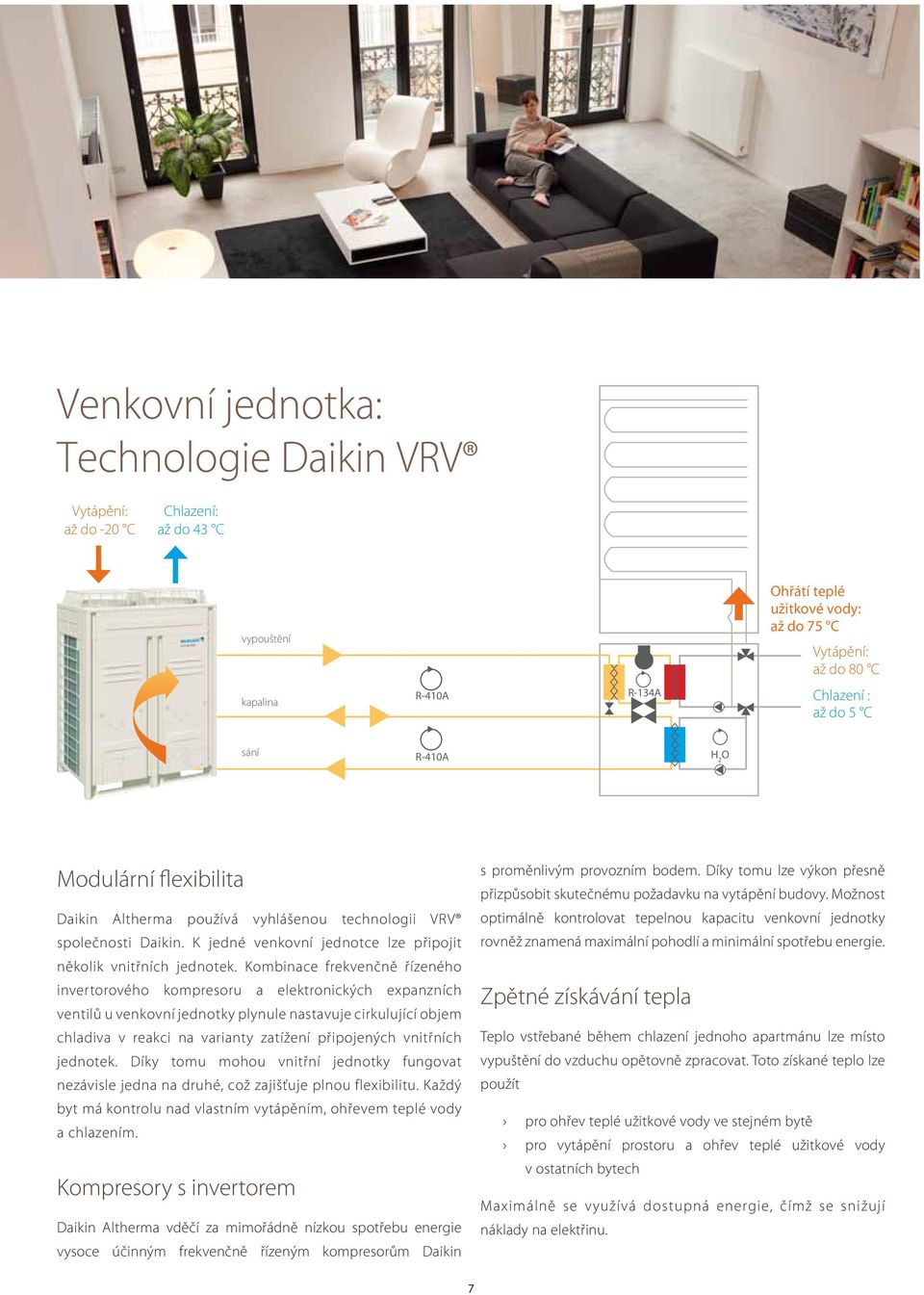 Kombinace frekvenčně řízeného invertorového kompresoru a elektronických expanzních ventilů u venkovní jednotky plynule nastavuje cirkulující objem chladiva v reakci na varianty zatížení připojených