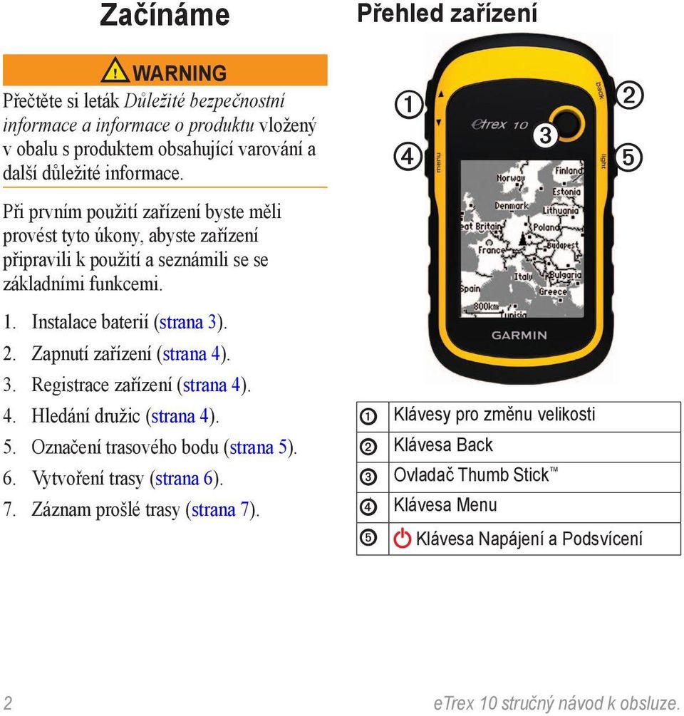 Zapnutí zařízení (strana 4). 3. Registrace zařízení (strana 4). 4. Hledání družic (strana 4). 5. Označení trasového bodu (strana 5). 6. Vytvoření trasy (strana 6). 7.