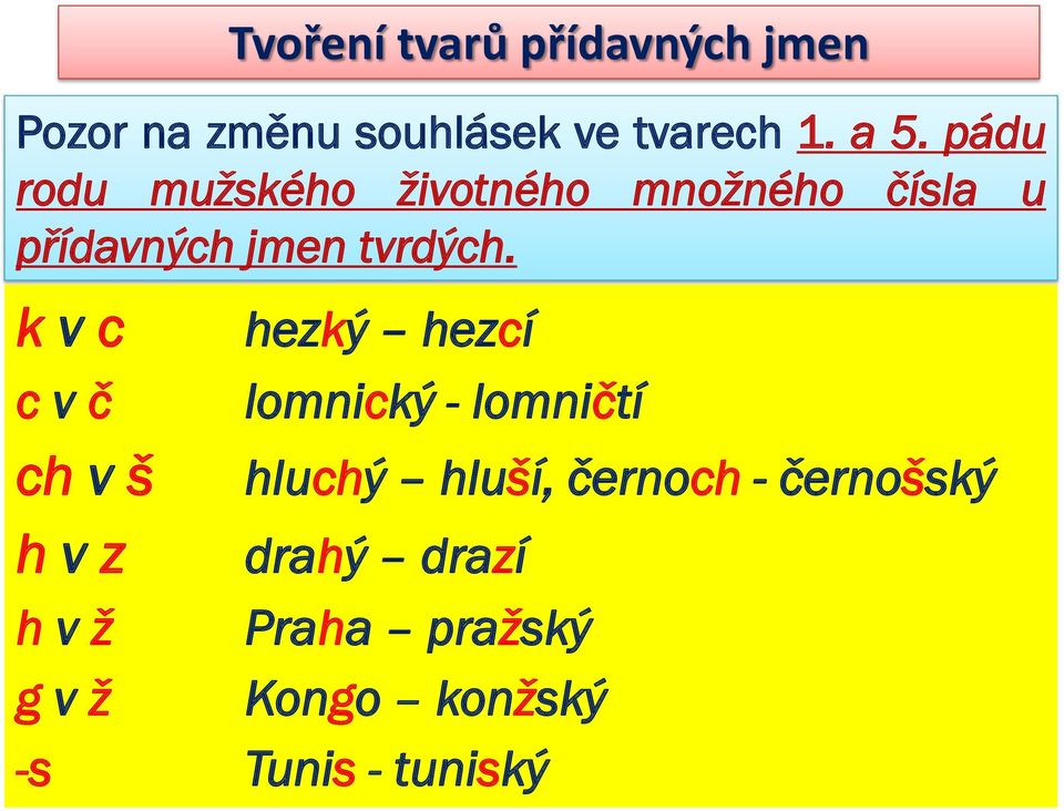 k v c c v č ch v š h v z Tvoření tvarů přídavných jmen hezký hezcí lomnický