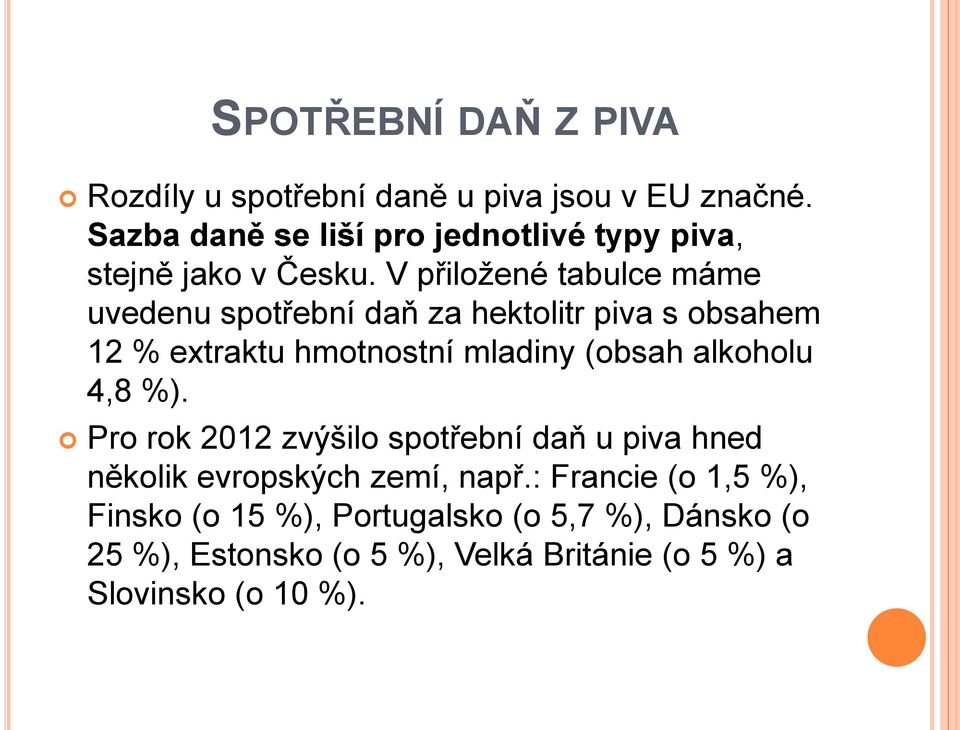 V přiložené tabulce máme uvedenu spotřební daň za hektolitr piva s obsahem 12 % extraktu hmotnostní mladiny (obsah