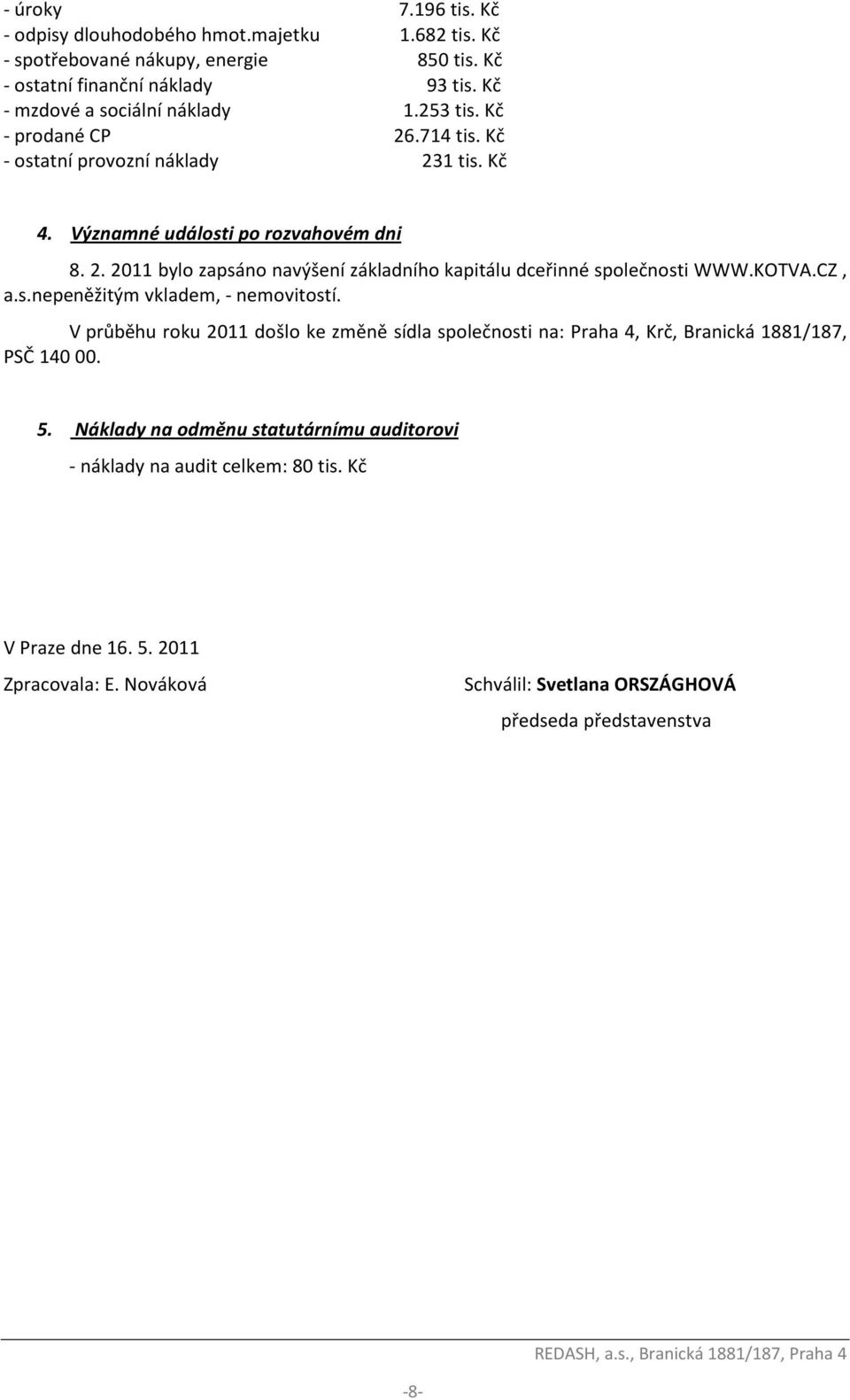 KOTVA.CZ, a.s.nepeněžitým vkladem, - nemovitostí. V průběhu roku 2011 došlo ke změně sídla společnosti na: Praha 4, Krč, Branická 1881/187, PSČ 140 00. 5.