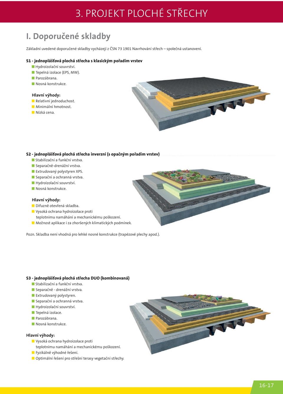 Minimální hmotnost. Nízká cena. S2 - jednoplášťová plochá střecha inverzní (s opačným pořadím vrstev) Stabilizační a funkční vrstva. Separačně-drenážní vrstva. Extrudovaný polystyren XPS.