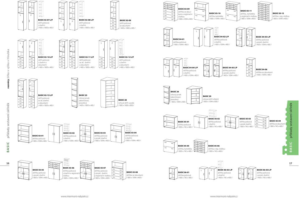 vložkou / 800 x 1094 x 400 / L P L P L P BASIC 04-01 / 400 x 1094 x 400 / BASIC 04-02 L/P / 400 x 1094 x 400 / BASIC 04-03 L/P s proskl.