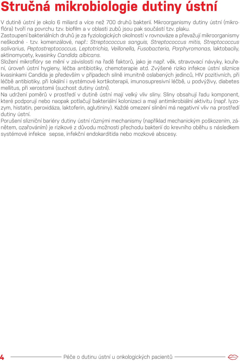 : Streptococcus sanguis, Streptococcus mitis, Streptococcus salivarius, Peptostreptococcus, Leptotrichia, Veillonella, Fusobacteria, Porphyromonas, laktobacily, aktinomycety, kvasinky Candida
