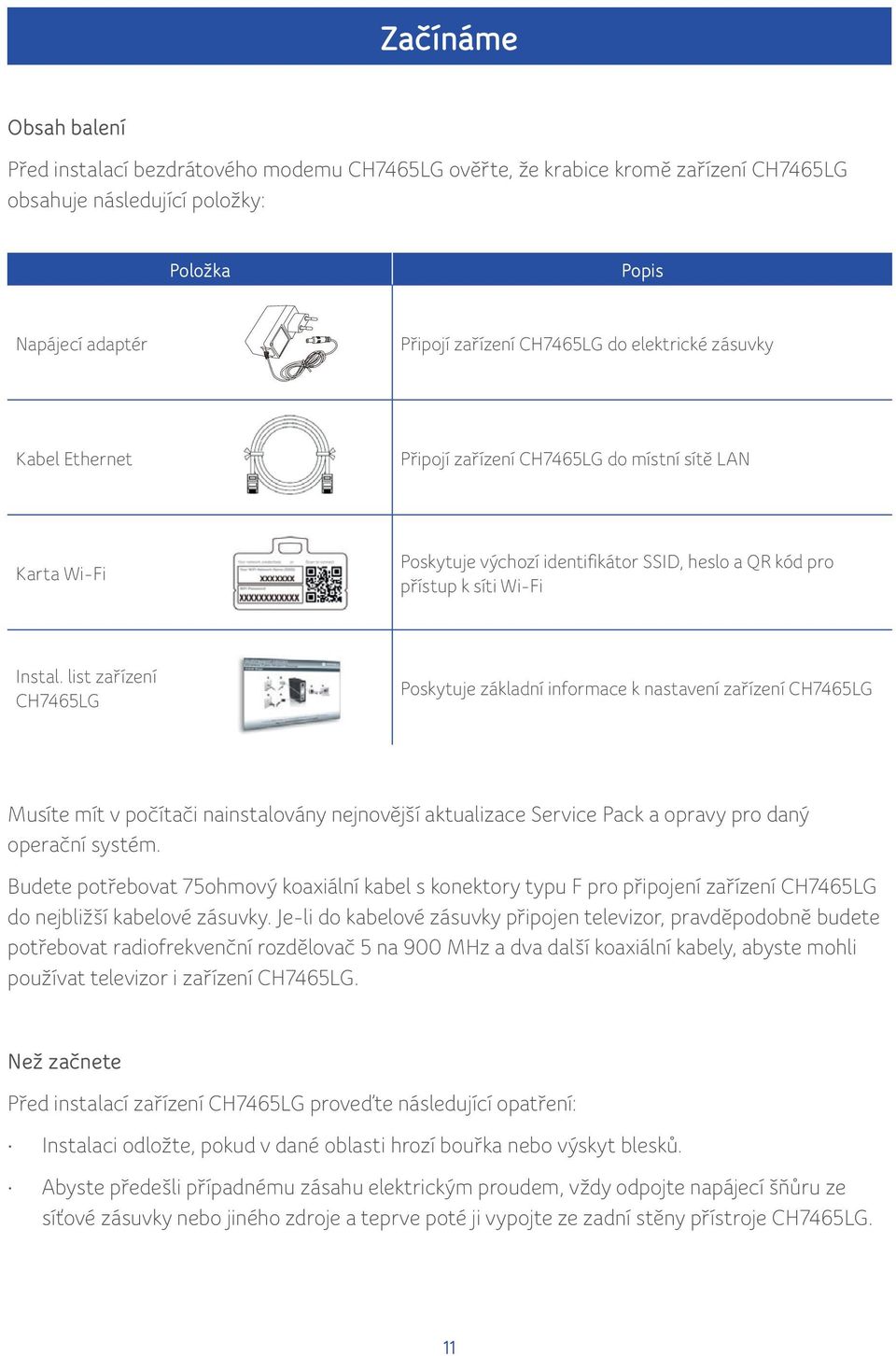 Before you install the CH7465LG CH7465LG Wireless Gateway, ověřte, že verify krabice that kromě the zařízení following CH7465LG items are obsahuje included následující in the box položky: with the