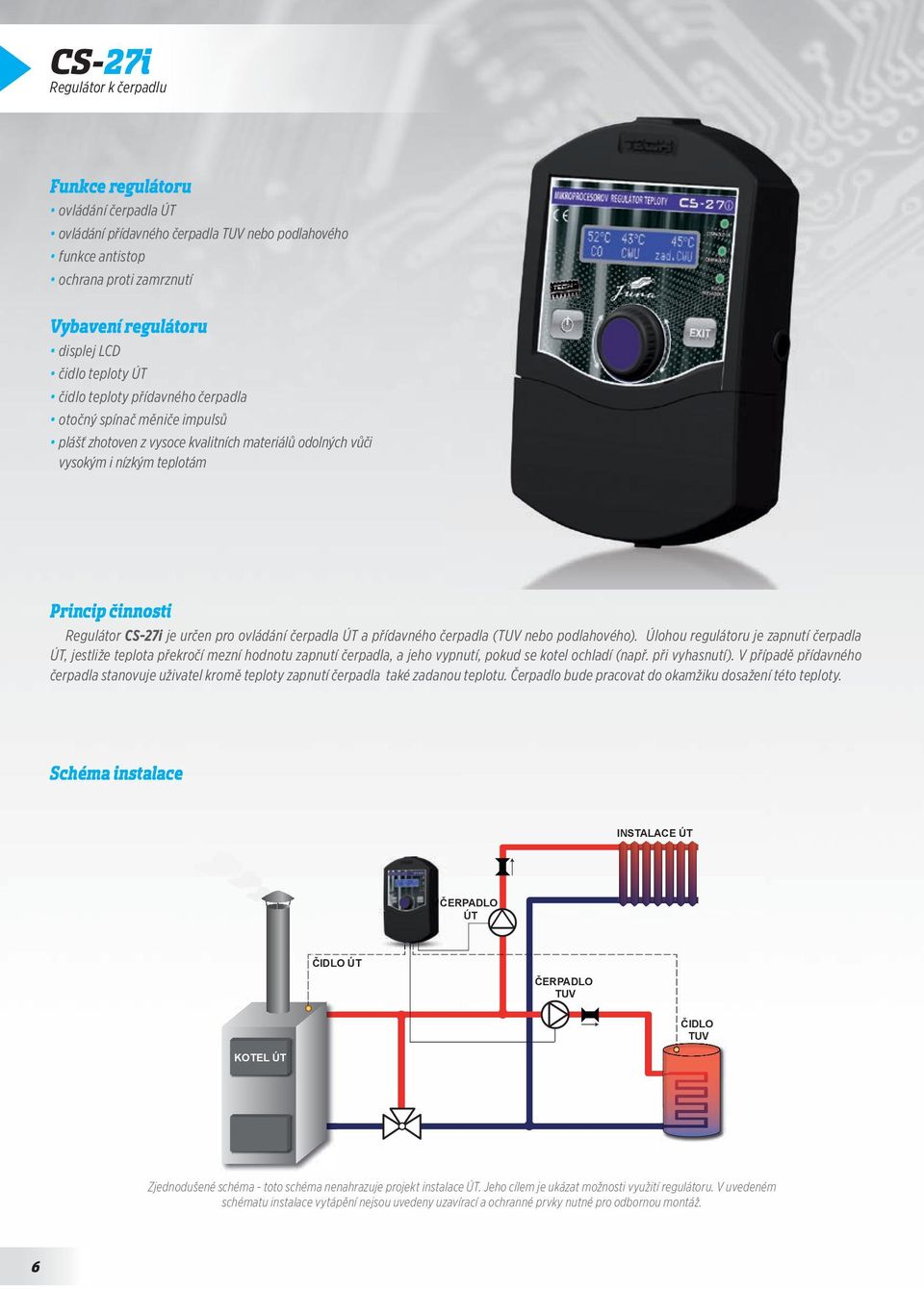 přídavného čerpadla (TUV nebo podlahového). Úlohou regulátoru je zapnutí čerpadla ÚT, jestliže teplota překročí mezní hodnotu zapnutí čerpadla, a jeho vypnutí, pokud se kotel ochladí (např.