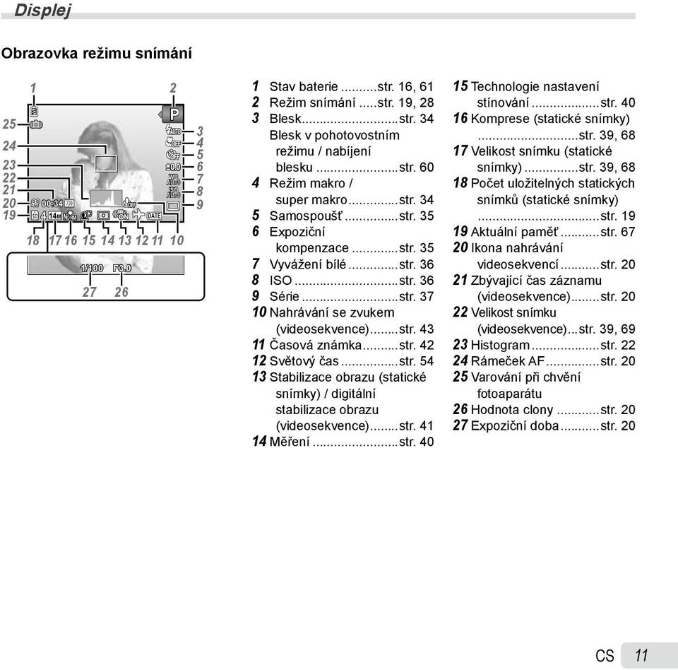 ..str. 37 10 Nahrávání se zvukem (videosekvence)...str. 43 11 Časová známka...str. 42 12 Světový čas...str. 54 13 Stabilizace obrazu (statické snímky) / digitální stabilizace obrazu (videosekvence).