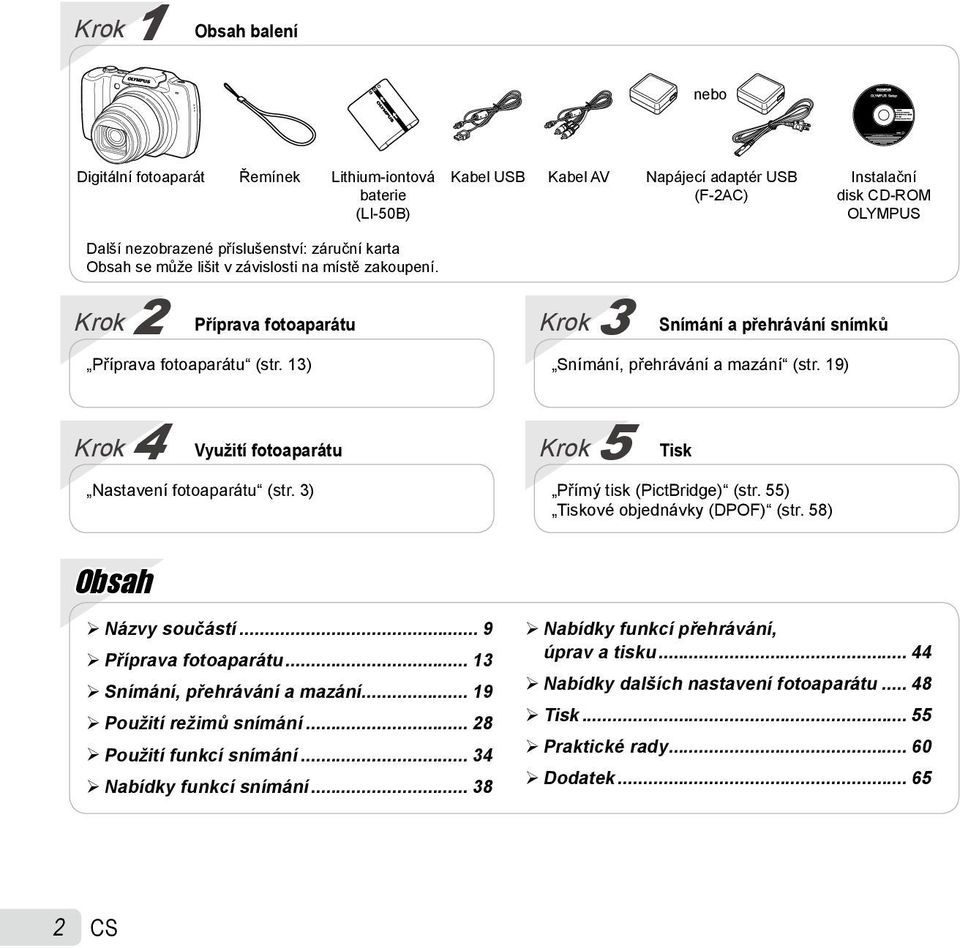 13) Krok 3 Snímání a přehrávání snímků Snímání, přehrávání a mazání (str. 19) Krok 4 Využití fotoaparátu Nastavení fotoaparátu (str. 3) Krok 5 Tisk Přímý tisk (PictBridge) (str.