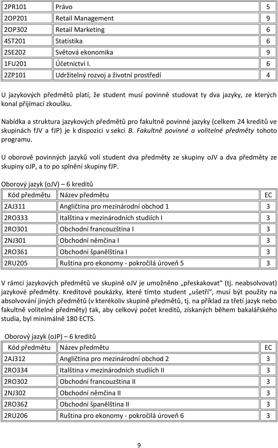 Nabídka a struktura jazykových předmětů pro fakultně povinné jazyky (celkem 24 kreditů ve skupinách fjv a fjp) je k dispozici v sekci B. Fakultně povinné a volitelné předměty tohoto programu.