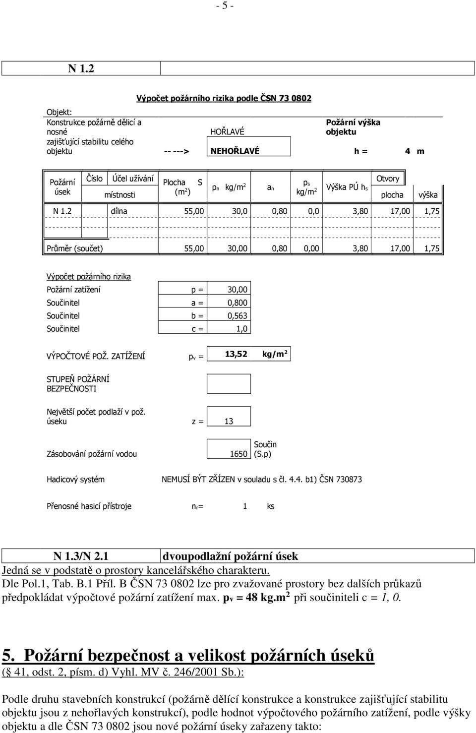 Účel užívání místnosti Plocha S (m 2 ) pn kg/m 2 an ps kg/m 2 Výška PÚ hs Otvory plocha výška N 1.