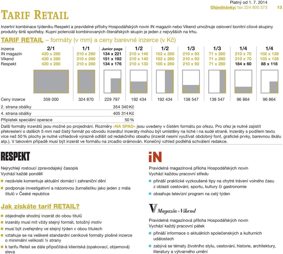 TARIF RETAIL formáty (v mm) a ceny barevné inzerce (v Kč) inzerce 2/1 1/1 Junior page 1/2 1/2 1/3 1/3 1/4 1/4 IN magazín 420 x 280 210 x 280 134 x 221 210 x 140 102 x 280 210 x 93 71 x 280 210 x 70