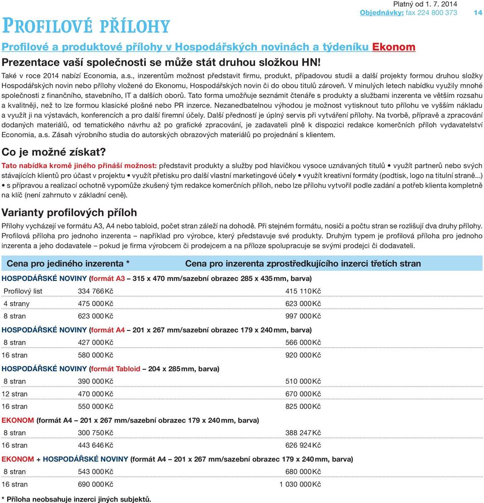 , inzerentům možnost představit firmu, produkt, případovou studii a další projekty formou druhou složky Hospodářských novin nebo přílohy vložené do Ekonomu, Hospodářských novin či do obou titulů