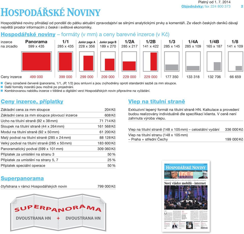 Hospodářské noviny formáty (v mm) a ceny barevné inzerce (v Kč) inzerce Panorama 1/1 Junior page A Junior page B 1/2A 1/2B 1/3 1/4A 1/4B 1/8 na zrcadlo 599 x 435 285 x 435 228 x 356 189 x 270 285 x