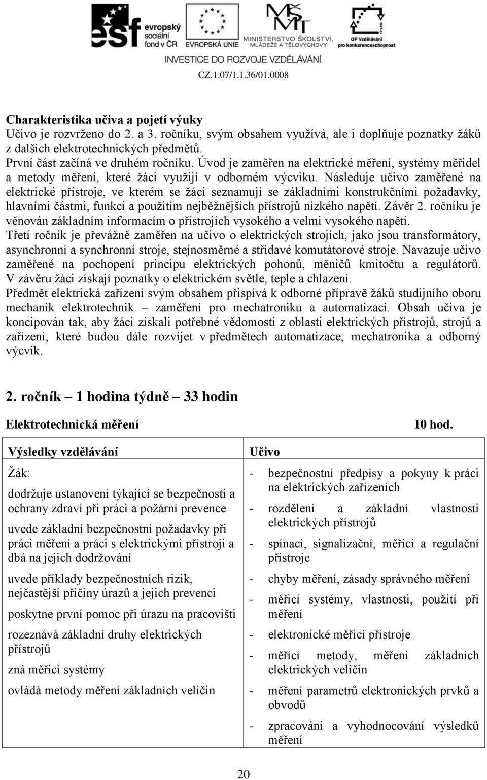 Následuje učivo zaměřené na elektrické přístroje, ve kterém se žáci seznamují se základními konstrukčními požadavky, hlavními částmi, funkcí a použitím nejběžnějších přístrojů nízkého napětí. Závěr 2.