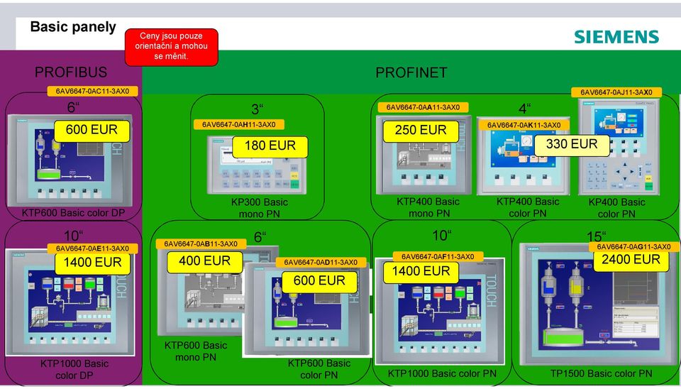 KTP600 Basic color DP 10 6AV6647-0AE11-3AX0 1400 EUR 6AV6647-0AB11-3AX0 400 EUR KP300 Basic mono PN KTP400 Basic mono PN KTP400 Basic color PN 6