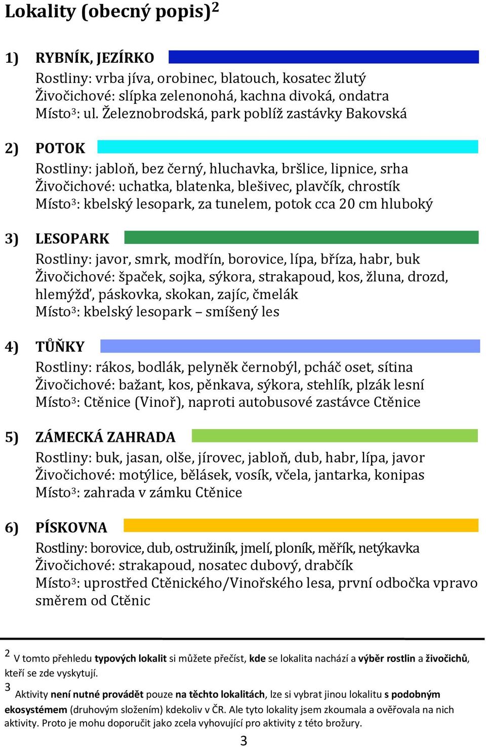 lesopark, za tunelem, potok cca 20 cm hluboký 3) LESOPARK Rostliny: javor, smrk, modřín, borovice, lípa, bříza, habr, buk Živočichové: špaček, sojka, sýkora, strakapoud, kos, žluna, drozd, hlemýžď,