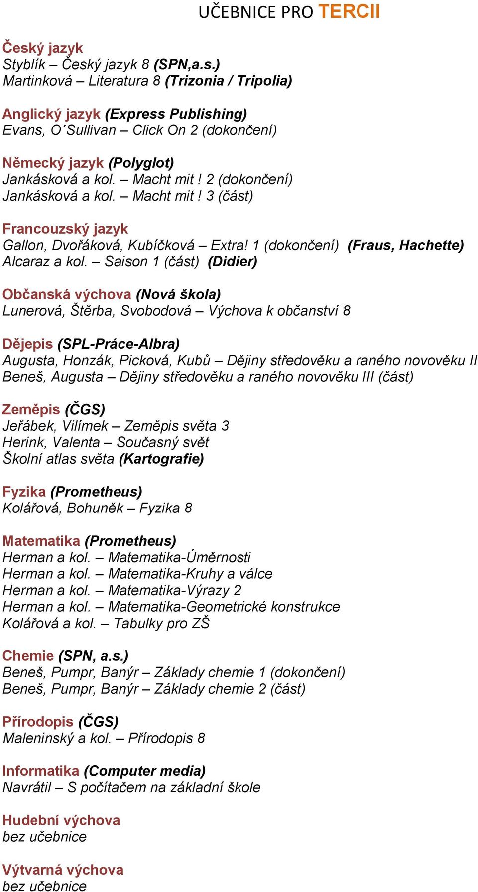 Saison 1 (část) (Didier) Občanská výchova (Nová škola) Lunerová, Štěrba, Svobodová Výchova k občanství 8 Augusta, Honzák, Picková, Kubů Dějiny středověku a raného novověku II Beneš, Augusta Dějiny