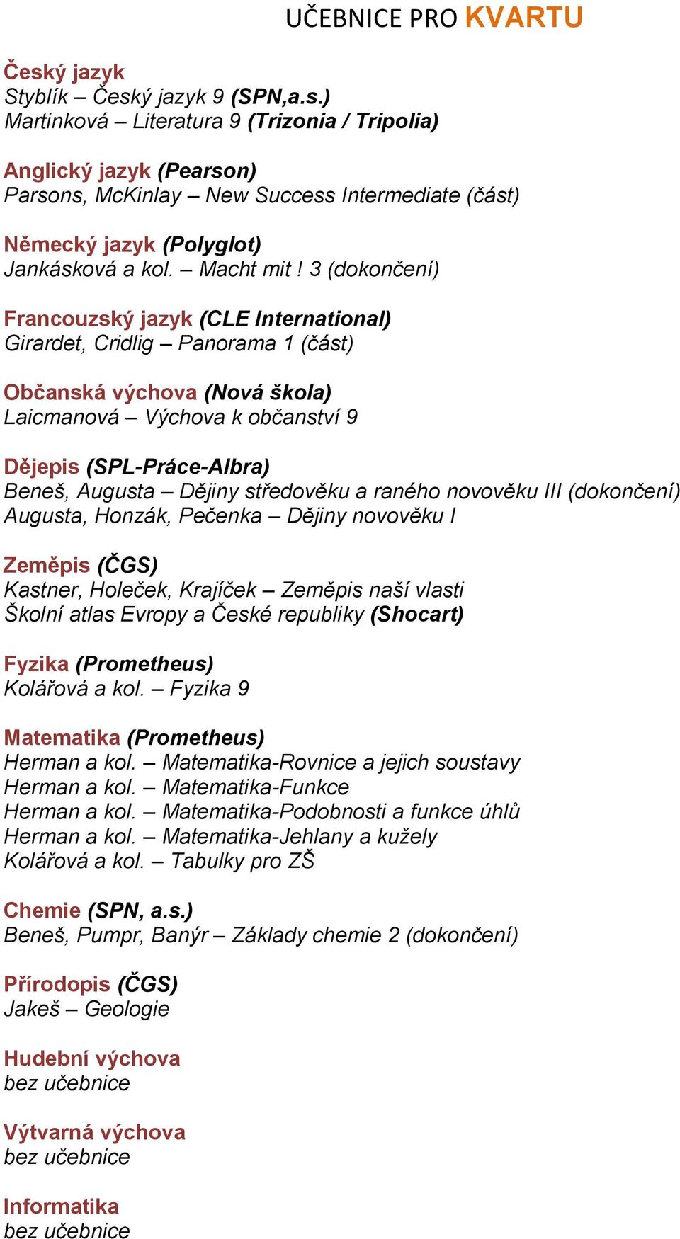 Pečenka Dějiny novověku I Kastner, Holeček, Krajíček Zeměpis naší vlasti Školní atlas Evropy a České republiky (Shocart) Kolářová a kol. Fyzika 9 Herman a kol.