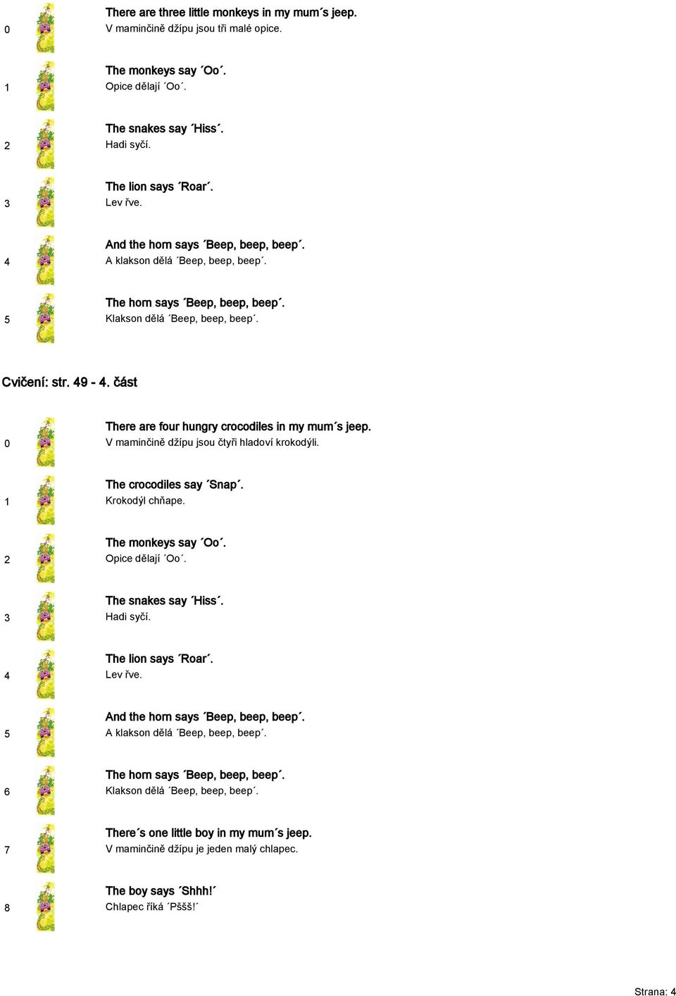 část There are four hungry crocodiles in my mum s jeep. V maminčině džípu jsou čtyři hladoví krokodýli. The crocodiles say Snap. Krokodýl chňape. The monkeys say Oo. Opice dělají Oo.