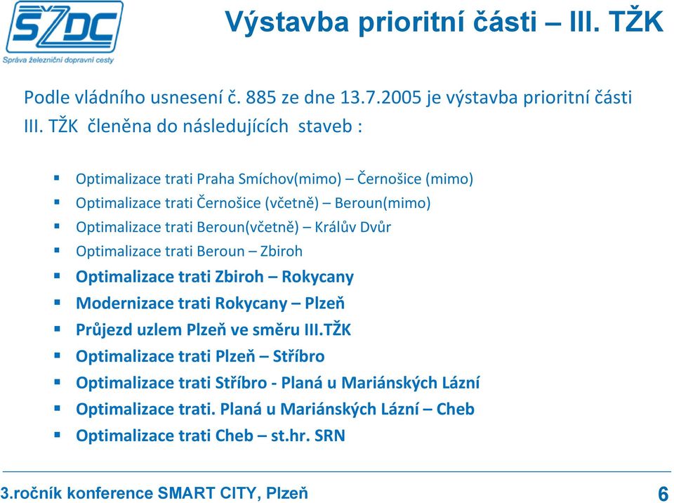 Optimalizace trati Beroun(včetně) Králův Dvůr Optimalizace trati Beroun Zbiroh Optimalizace trati Zbiroh Rokycany Modernizace trati Rokycany Plzeň Průjezd