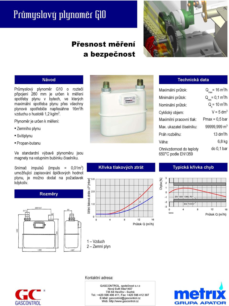 65 C podle EN59 = 6 m /h =, m /h = m /h V = 5 dm Pmax =,5 bar dm /h 6,8 kg do, bar Snímač impulsů (impuls