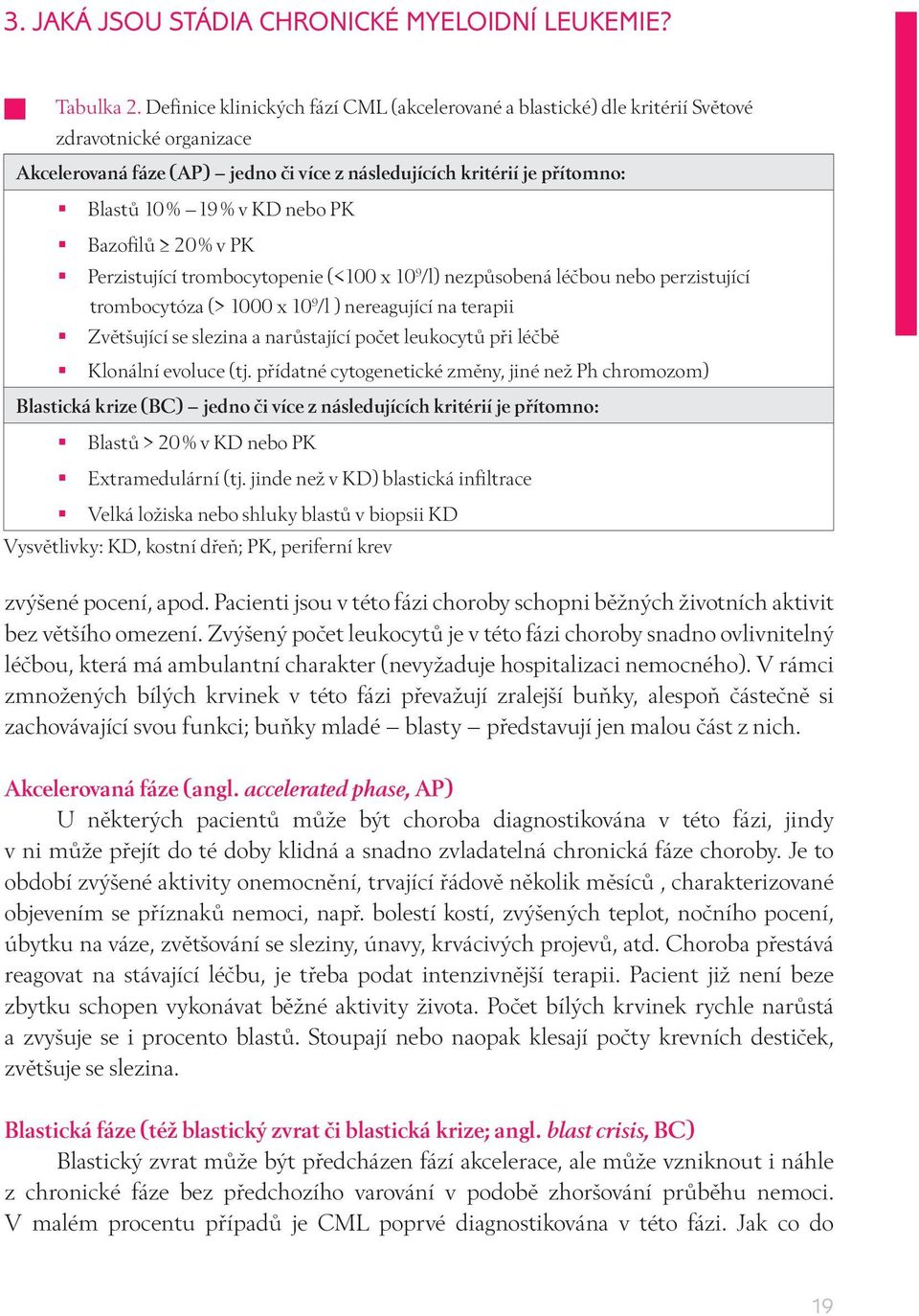 nebo PK Bazofilů 20 % v PK Perzistující trombocytopenie (<100 x 10 9 /l) nezpůsobená léčbou nebo perzistující trombocytóza (> 1000 x 10 9 /l ) nereagující na terapii Zvětšující se slezina a