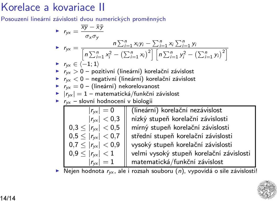 yx slovní hodnocení v biologii r yx = 0 (lineární) korelační nezávislost r yx < 0,3 nízký stupeň korelační závislosti 0,3 r yx < 0,5 mírný stupeň korelační závislosti 0,5 r yx < 0,7 střední stupeň