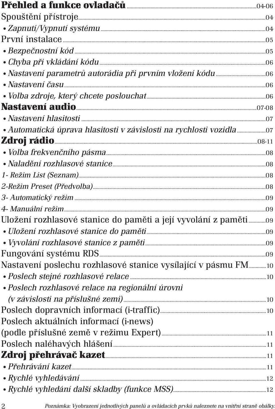 ..07 Automatická úprava hlasitosti v závislosti na rychlosti vozidla...07 Zdroj rádio...08-11 Volba frekvenčního pásma...08 Naladění rozhlasové stanice...08 1- Režim List (Seznam).