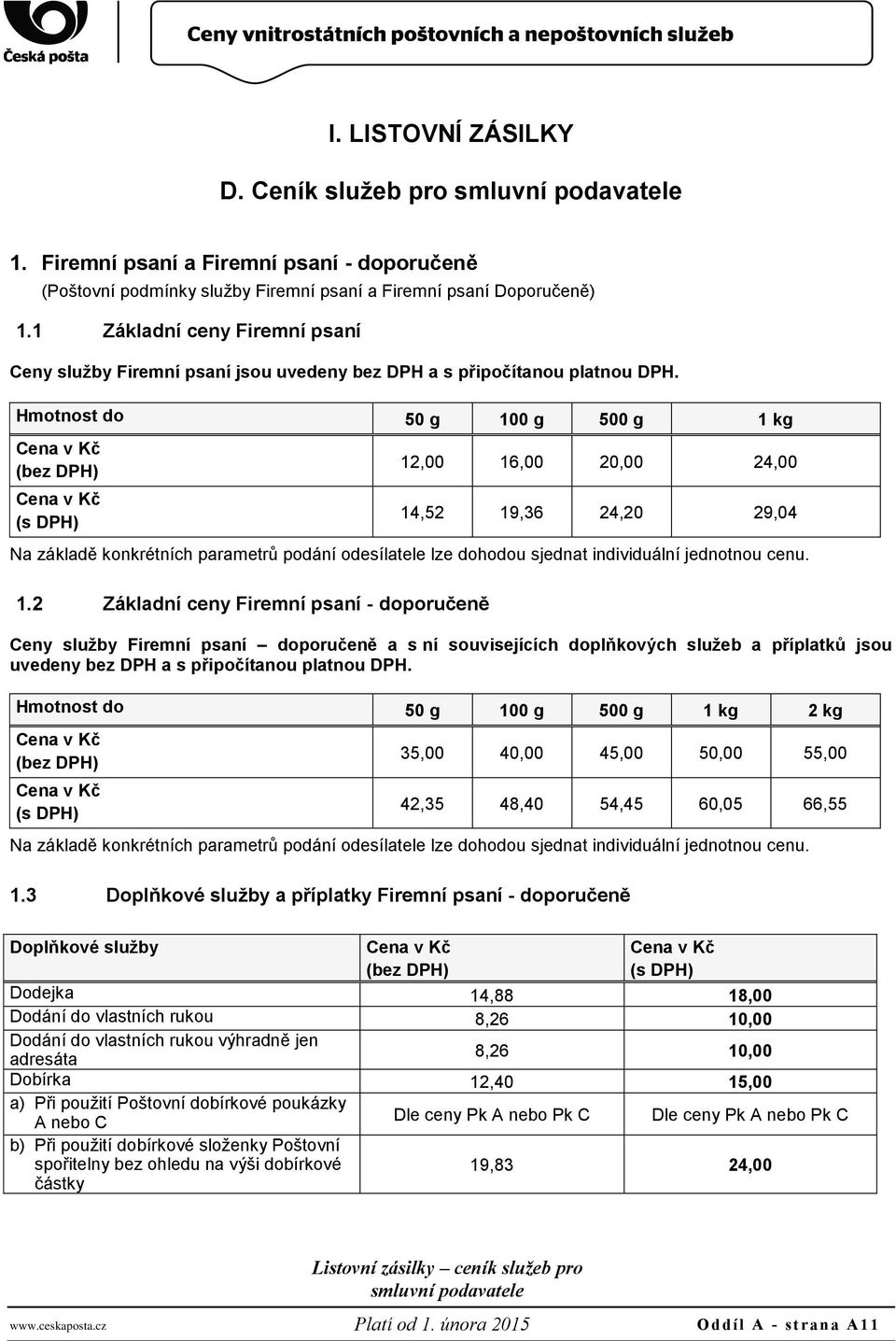 Hmotnost do 50 g 100 g 500 g 1 kg Cena v Kč Cena v Kč 12,00 16,00 20,00 24,00 14,52 19,36 24,20 29,04 Na základě konkrétních parametrů podání odesílatele lze dohodou sjednat individuální jednotnou