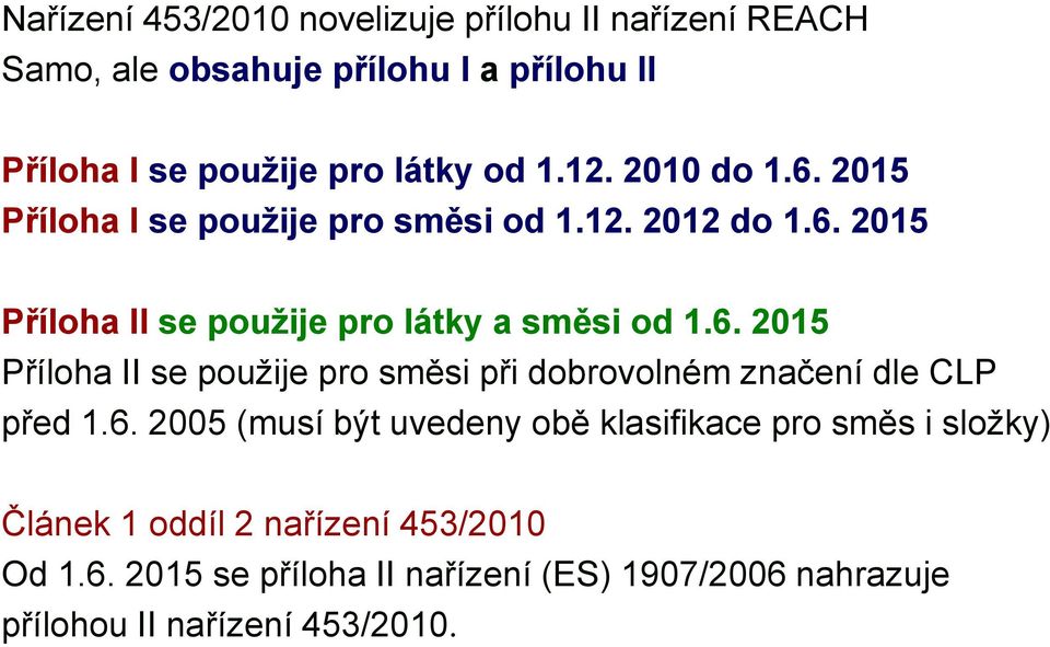 6. 2005 (musí být uvedeny obě klasifikace pro směs i složky) Článek 1 oddíl 2 nařízení 453/2010 Od 1.6. 2015 se příloha II nařízení (ES) 1907/2006 nahrazuje přílohou II nařízení 453/2010.