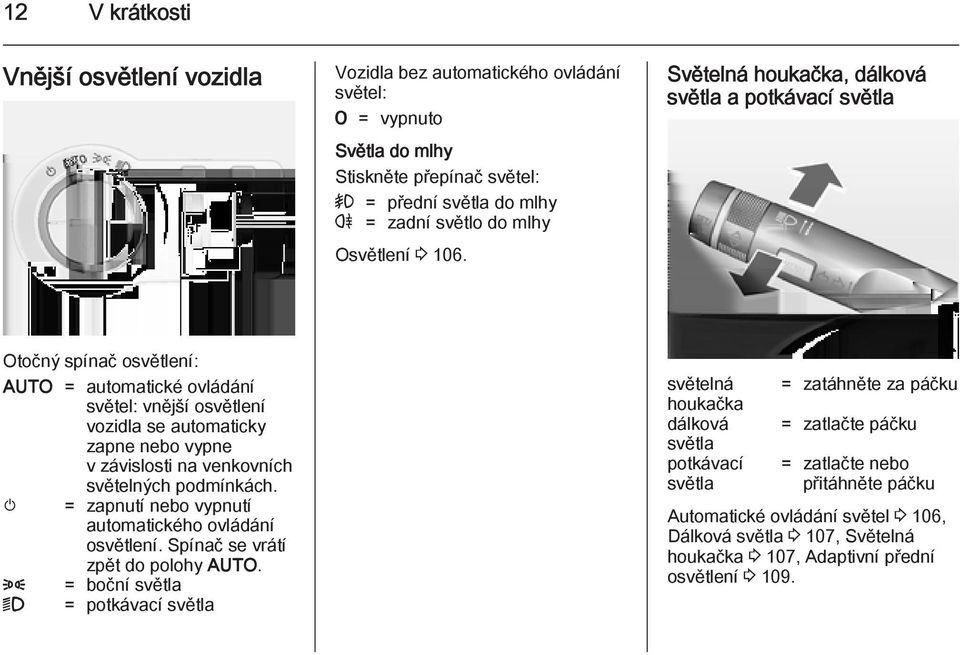 Světelná houkačka, dálková světla a potkávací světla Otočný spínač osvětlení: AUTO = automatické ovládání světel: vnější osvětlení vozidla se automaticky zapne nebo vypne v závislosti na venkovních