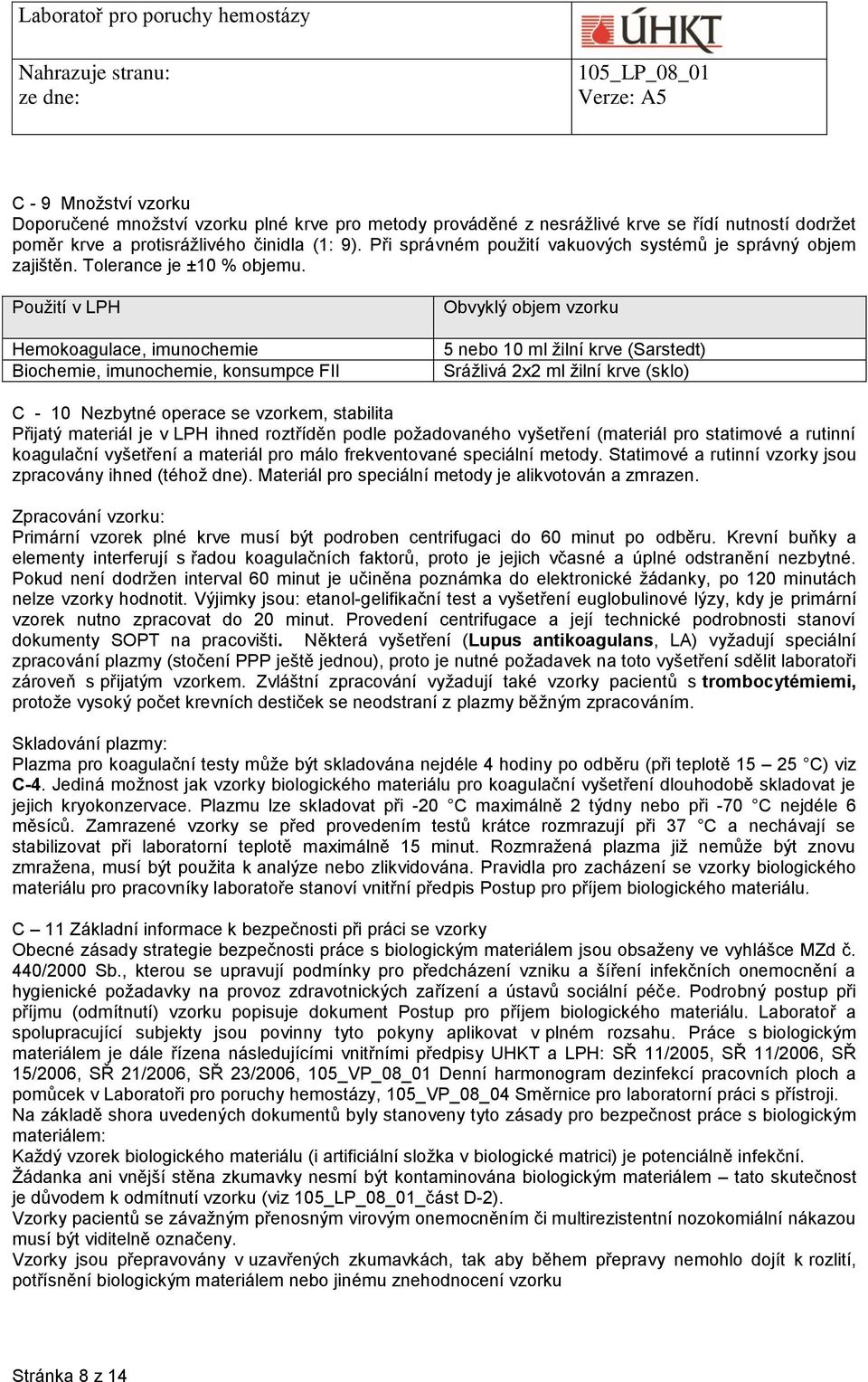 Použití v LPH Hemokoagulace, imunochemie Biochemie, imunochemie, konsumpce FII Obvyklý objem vzorku 5 nebo 10 ml žilní krve (Sarstedt) Srážlivá 2x2 ml žilní krve (sklo) C - 10 Nezbytné operace se