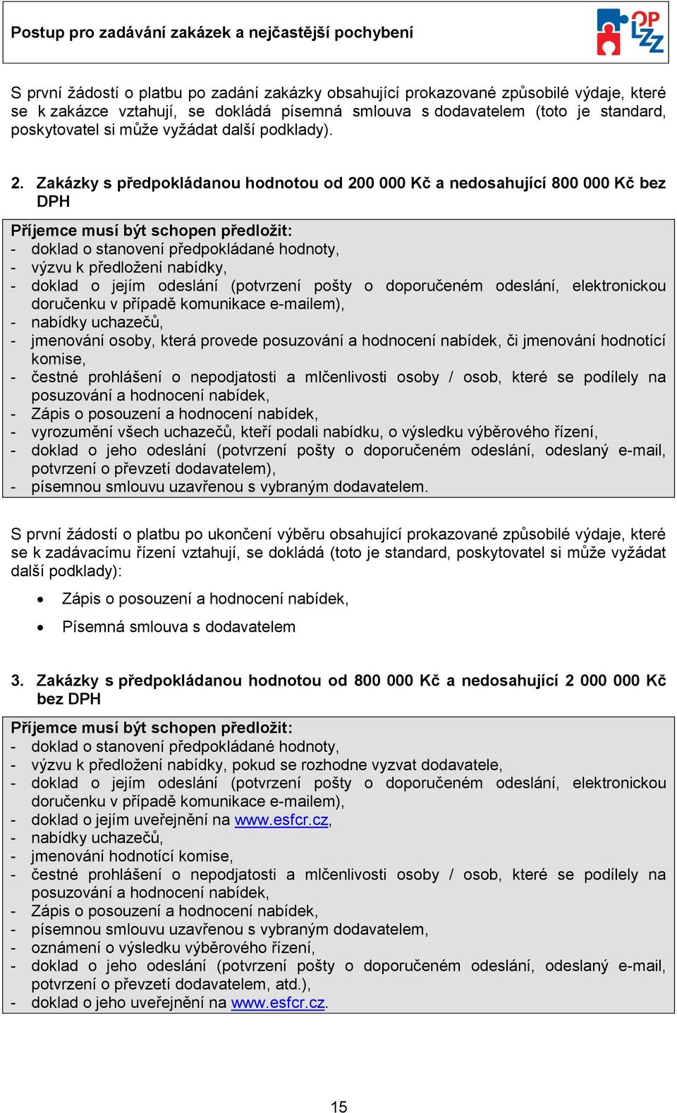 Zakázky s předpkládanu hdntu d 200 000 Kč a nedsahující 800 000 Kč bez DPH Příjemce musí být schpen předlžit: - dklad stanvení předpkládané hdnty, - výzvu k předlžení nabídky, - dklad jejím deslání