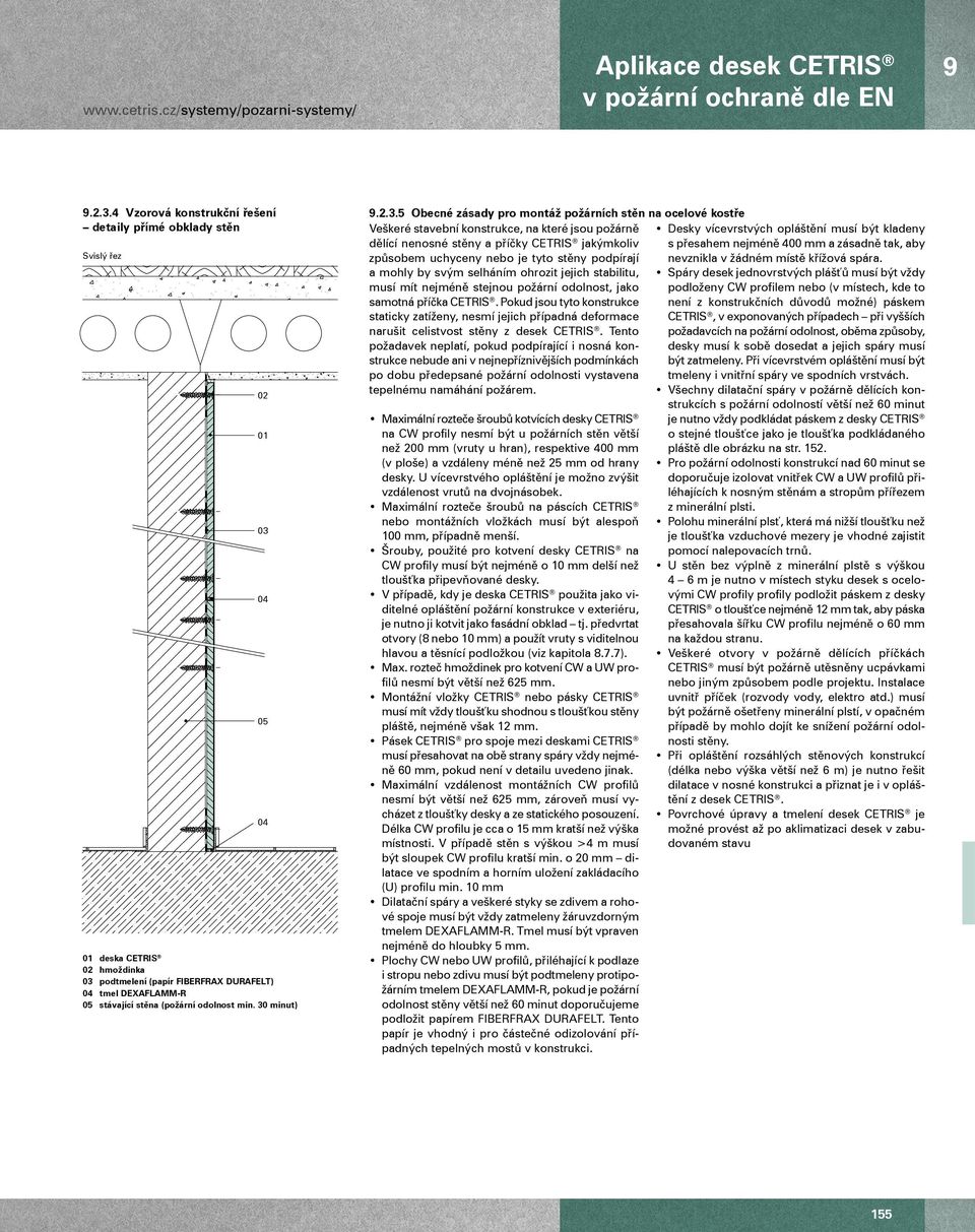 30 minut) 01 03 9.2.3.5 Obecné zásady pro montáž požárních stěn na ocelové kostře Veškeré stavební konstrukce, na které jsou požárně dělící nenosné stěny a příčky CETRIS jakýmkoliv způsobem uchyceny