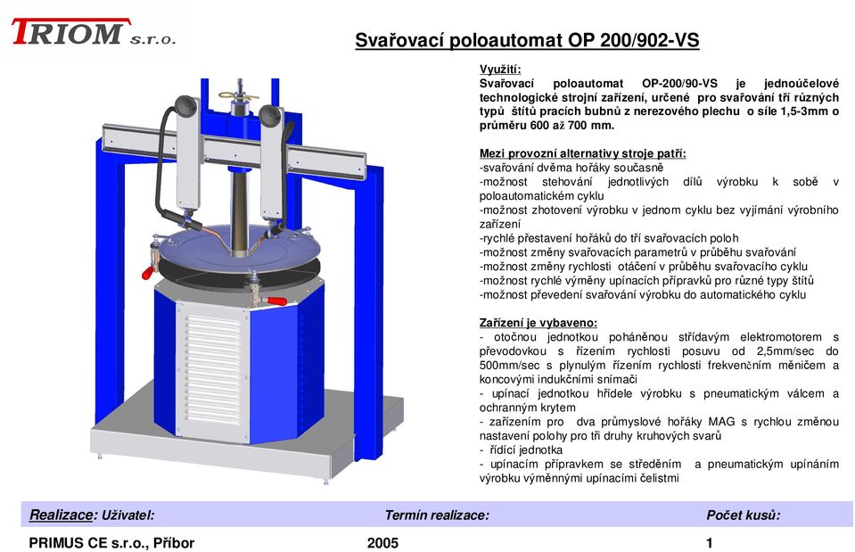 Mezi provozní alternativy stroje patří: -svařování dvěma hořáky současně -možnost stehování jednotlivých dílů výrobku k sobě v poloautomatickém cyklu -možnost zhotovení výrobku v jednom cyklu bez